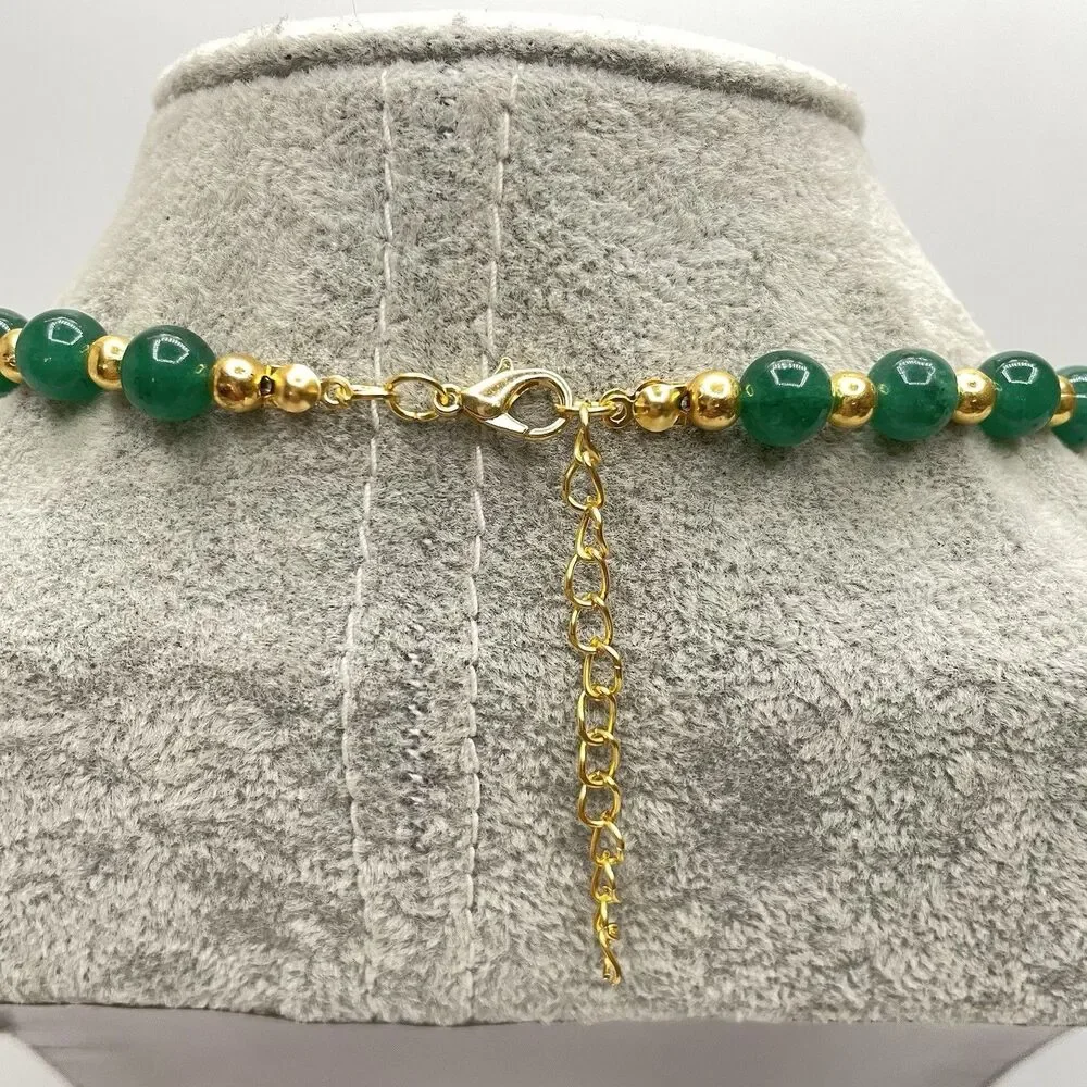 Artisan Handcrafted Green Gemstone Gold Tone Beaded Statement Necklace Elegant